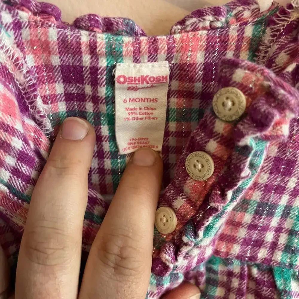 OshKosh B'Gosh Blue Denim Plaid Ruffle Vestbak Jumper Dress and shirt 6 months